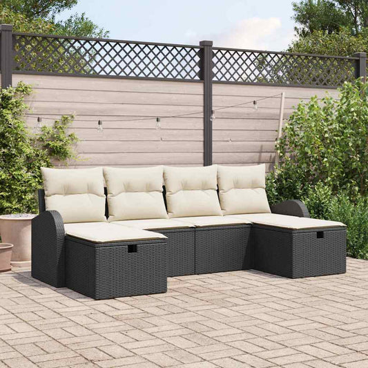 Garten-Sofa-Set mit Kissen 6 pcs Schwarz Poly Rattan