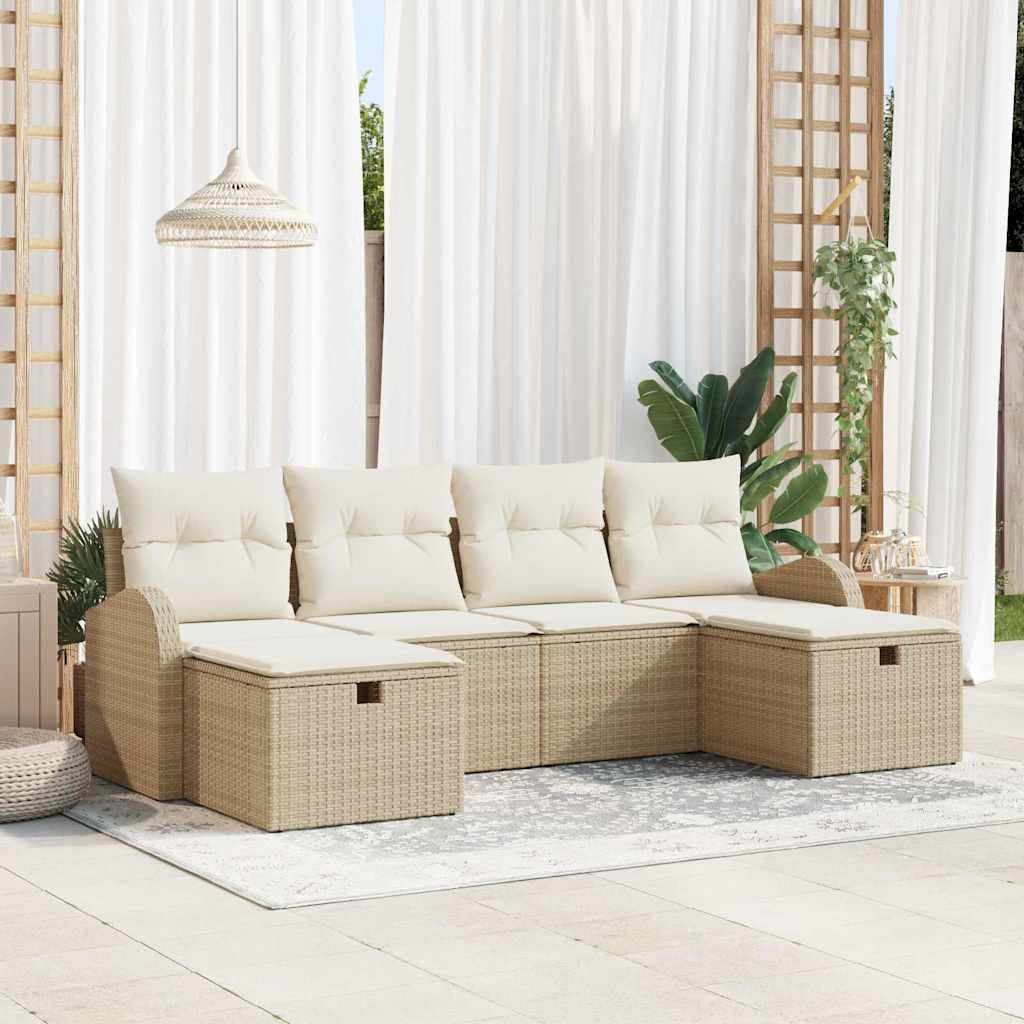 Gartensofa-set mit Kissen mit Speicher 6 pcs Beige Poly-Rattan