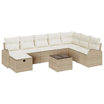 Garten-Sofa-Set mit Kissen mit Speicher 9 pcs Beige Poly Rattan