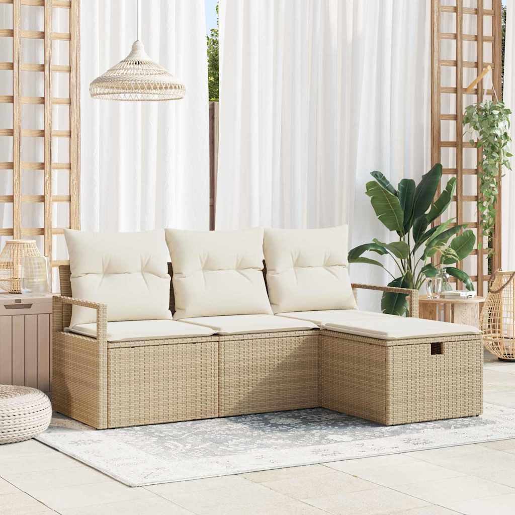 Garten-Sofa-Set mit Kissen mit Speicher 4 pcs Beige Poly Rattan