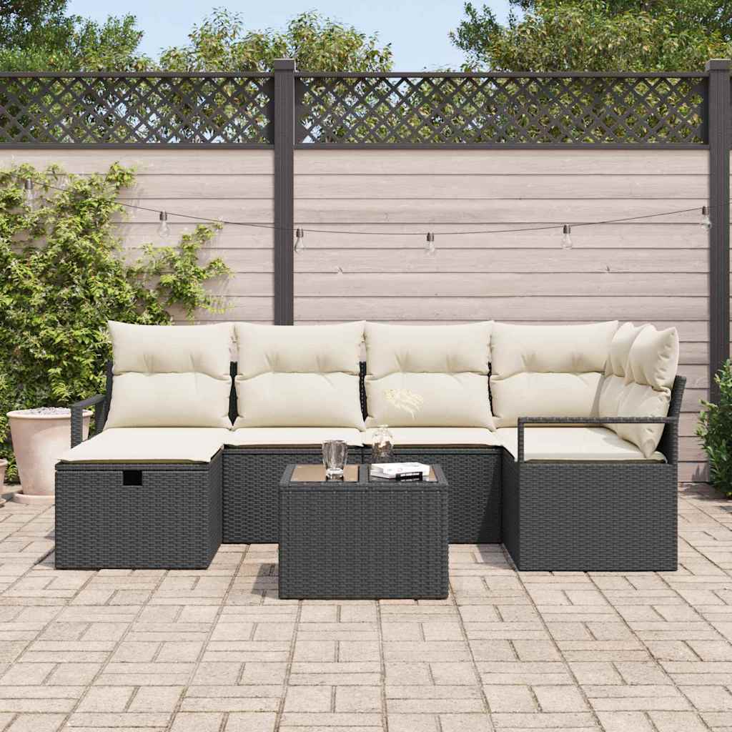 Garten-Sofa-Set mit Kissen 7 pcs Schwarz Poly Rattan