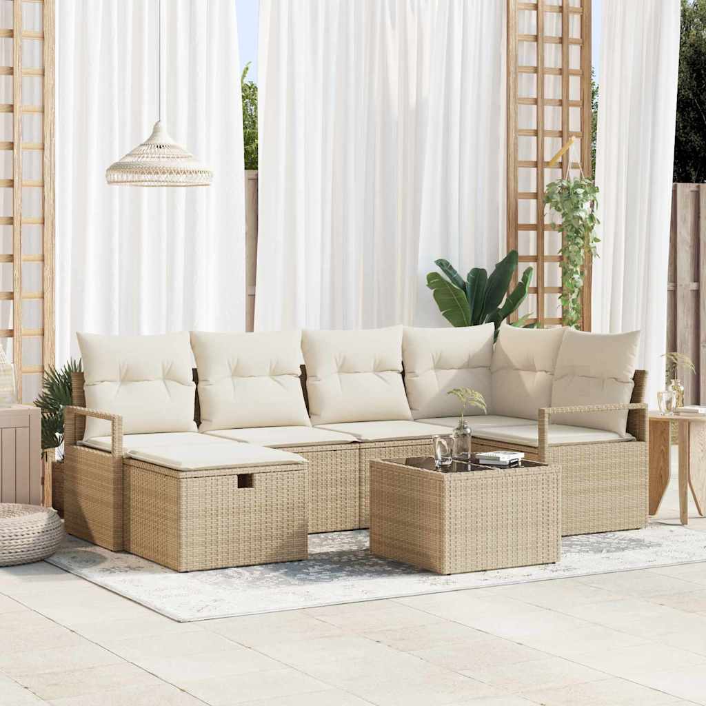 Garten-Sofa-Set mit Kissen mit Speicher 7 pcs Beige Poly Rattan