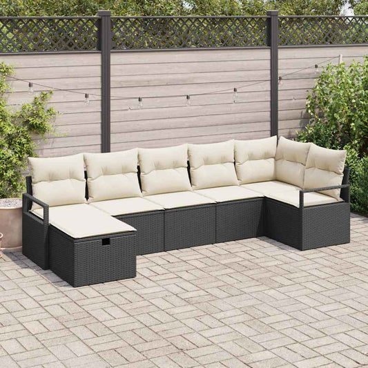 Garten-Sofa-Set mit Kissen 7 pcs Schwarz Poly Rattan