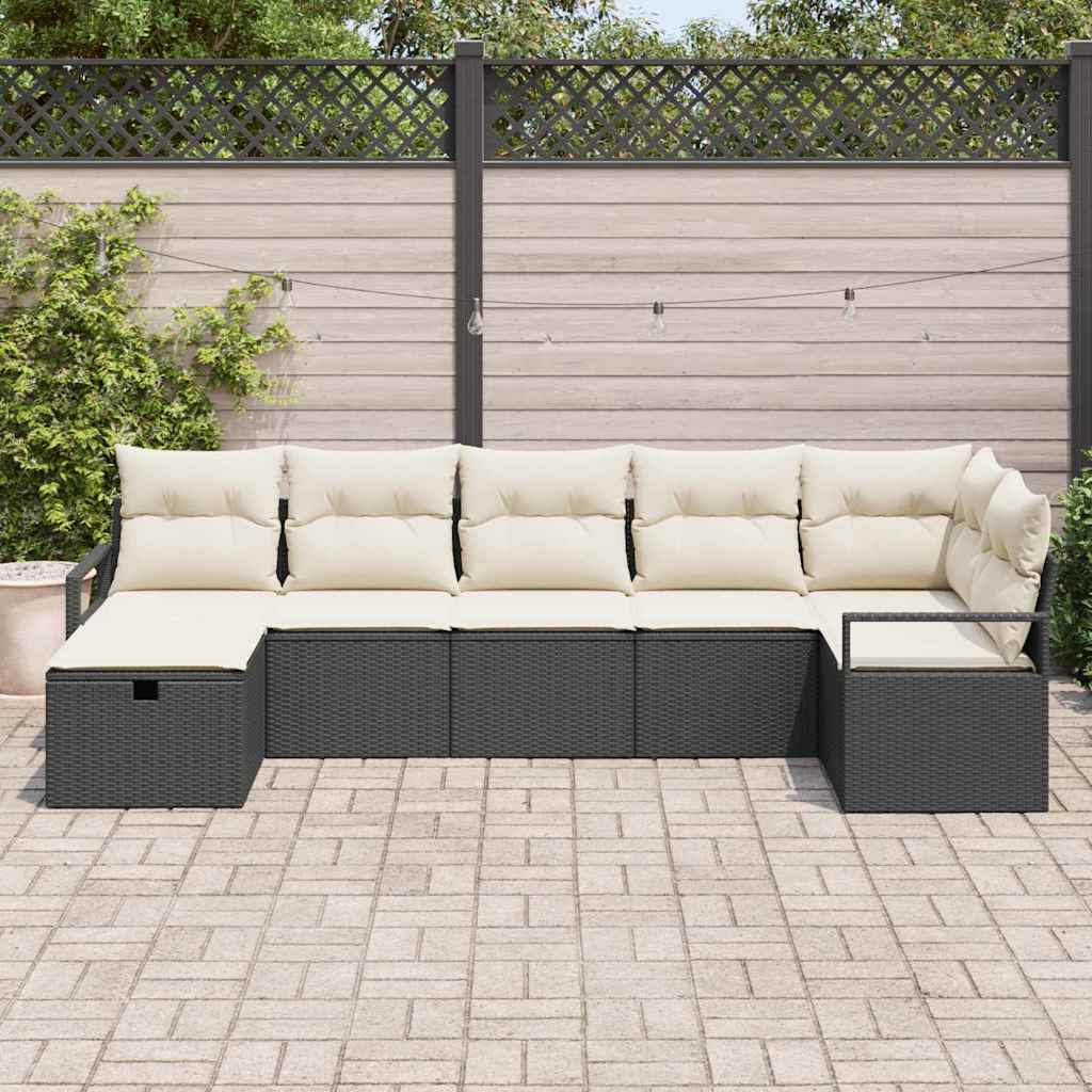 Garten-Sofa-Set mit Kissen 7 pcs Schwarz Poly Rattan