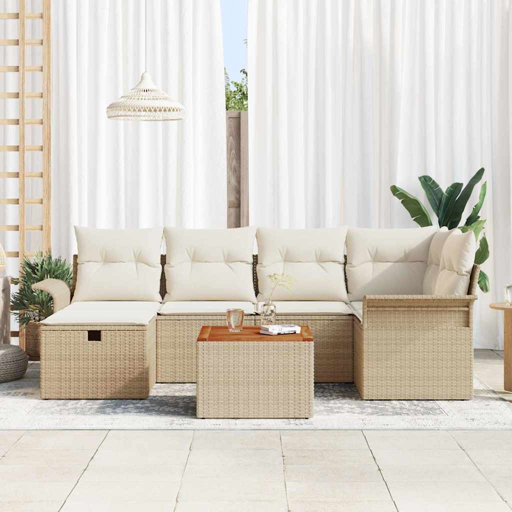 Garten-Sofa-Set mit Kissen mit Speicher 7 pcs Beige Poly Rattan