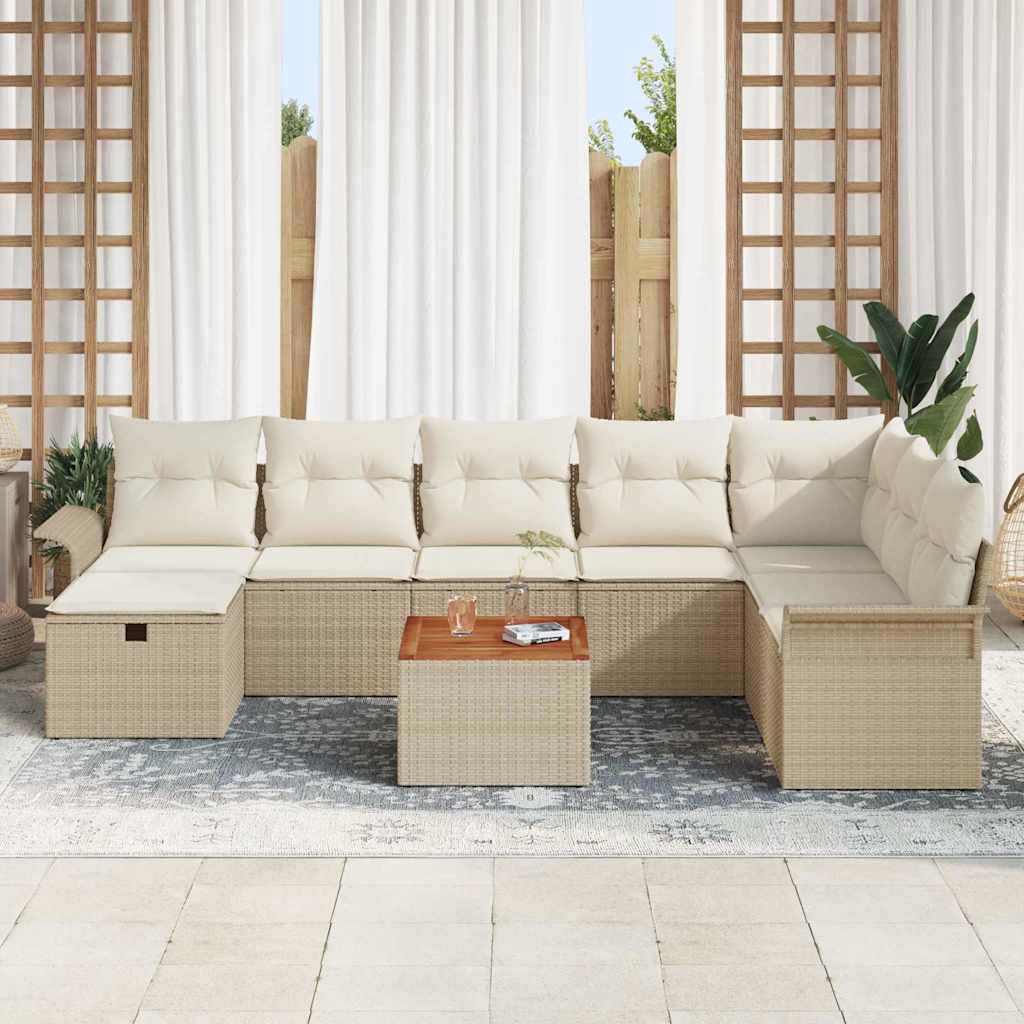 Garten-Sofa-Set mit Kissen mit Speicher 9 pcs Beige Poly Rattan