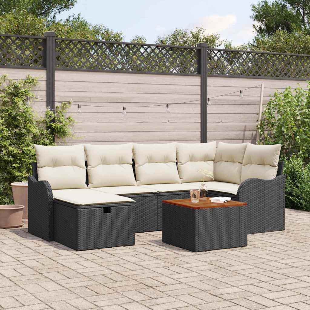 Garten-Sofa-Set mit Kissen 7 pcs Schwarz Poly Rattan
