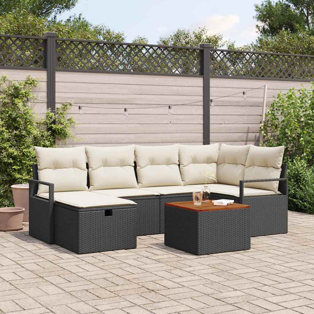 Garten-Sofa-Set mit Kissen 7 pcs Schwarz Poly Rattan