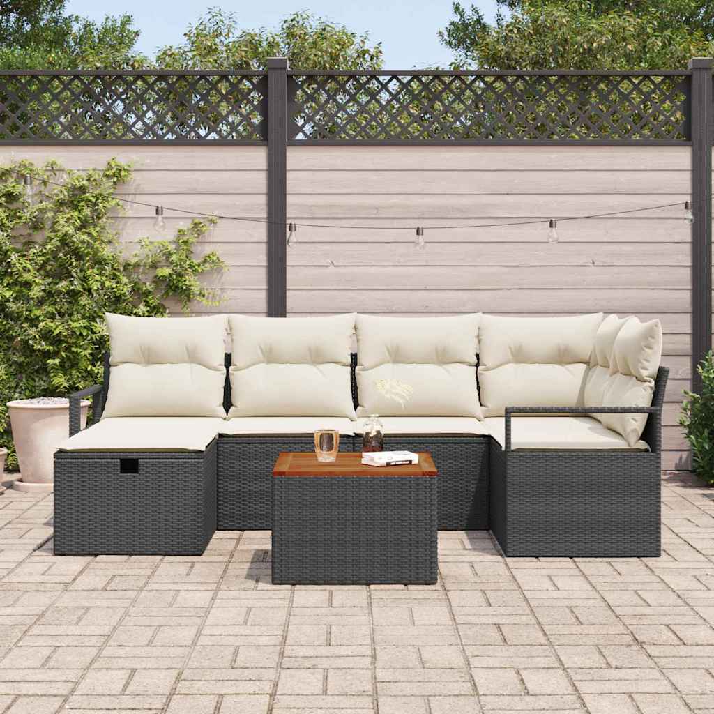 Garten-Sofa-Set mit Kissen 7 pcs Schwarz Poly Rattan