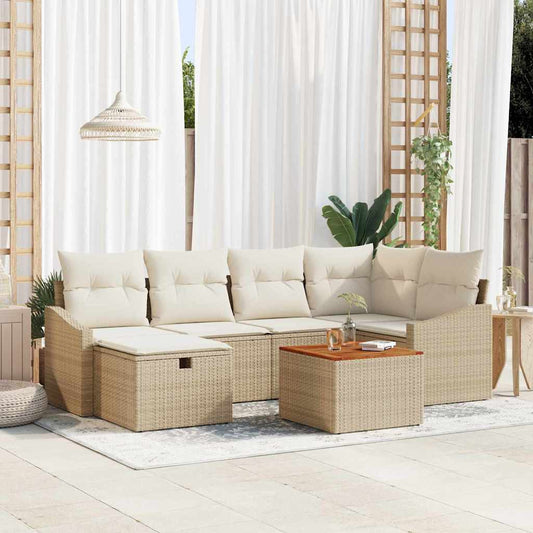 Garten-Sofa-Set mit Kissen mit Speicher 7 pcs Beige Poly Rattan