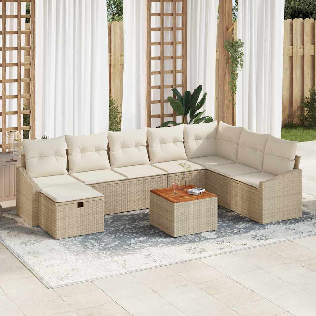 Garten-Sofa-Set mit Kissen mit Speicher 9 pcs Beige Poly Rattan