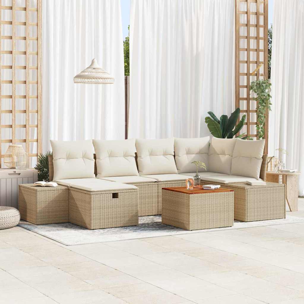 Garten-Sofa-Set mit Kissen mit Speicher 7 pcs Beige Poly Rattan