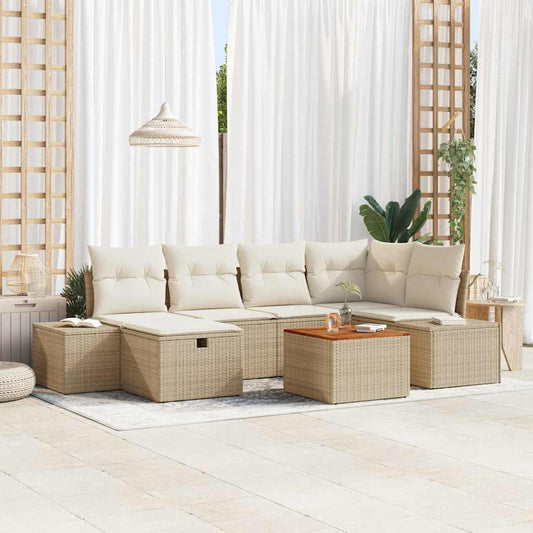Garten-Sofa-Set mit Kissen mit Speicher 7 pcs Beige Poly Rattan