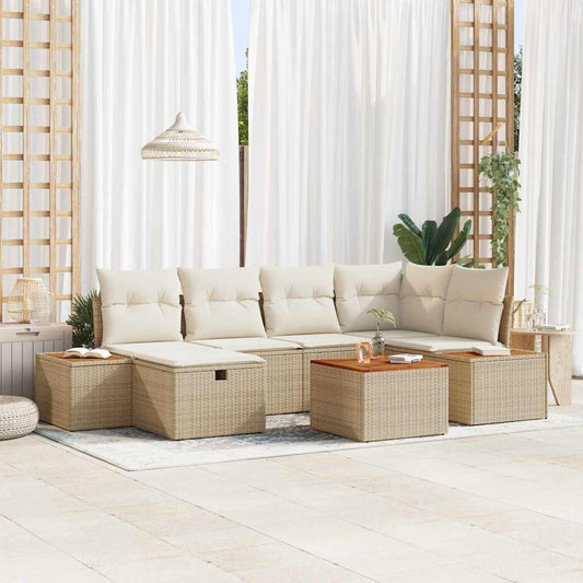 Garten-Sofa-Set mit Kissen 7 pcs Beige Poly Rattan