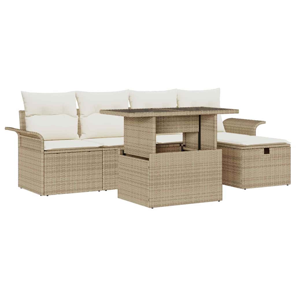 Garten-Sofa-Set mit Kissen mit Speicher 6 pcs Beige Poly Rattan