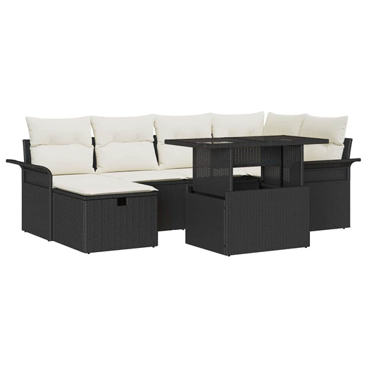 Garten-Sofa-Set mit Kissen 7 pcs Schwarz Poly Rattan