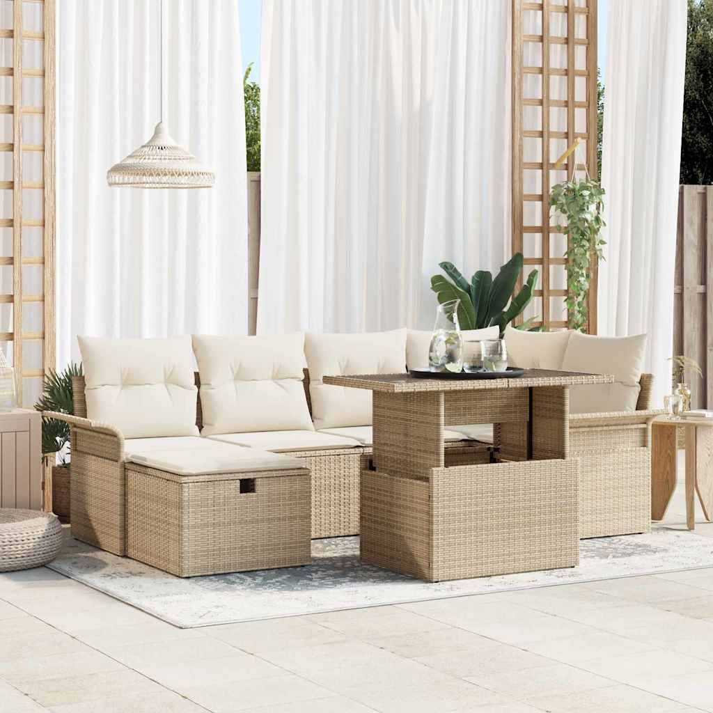 Garten-Sofa-Set mit Kissen mit Speicher 7 pcs Beige Poly Rattan