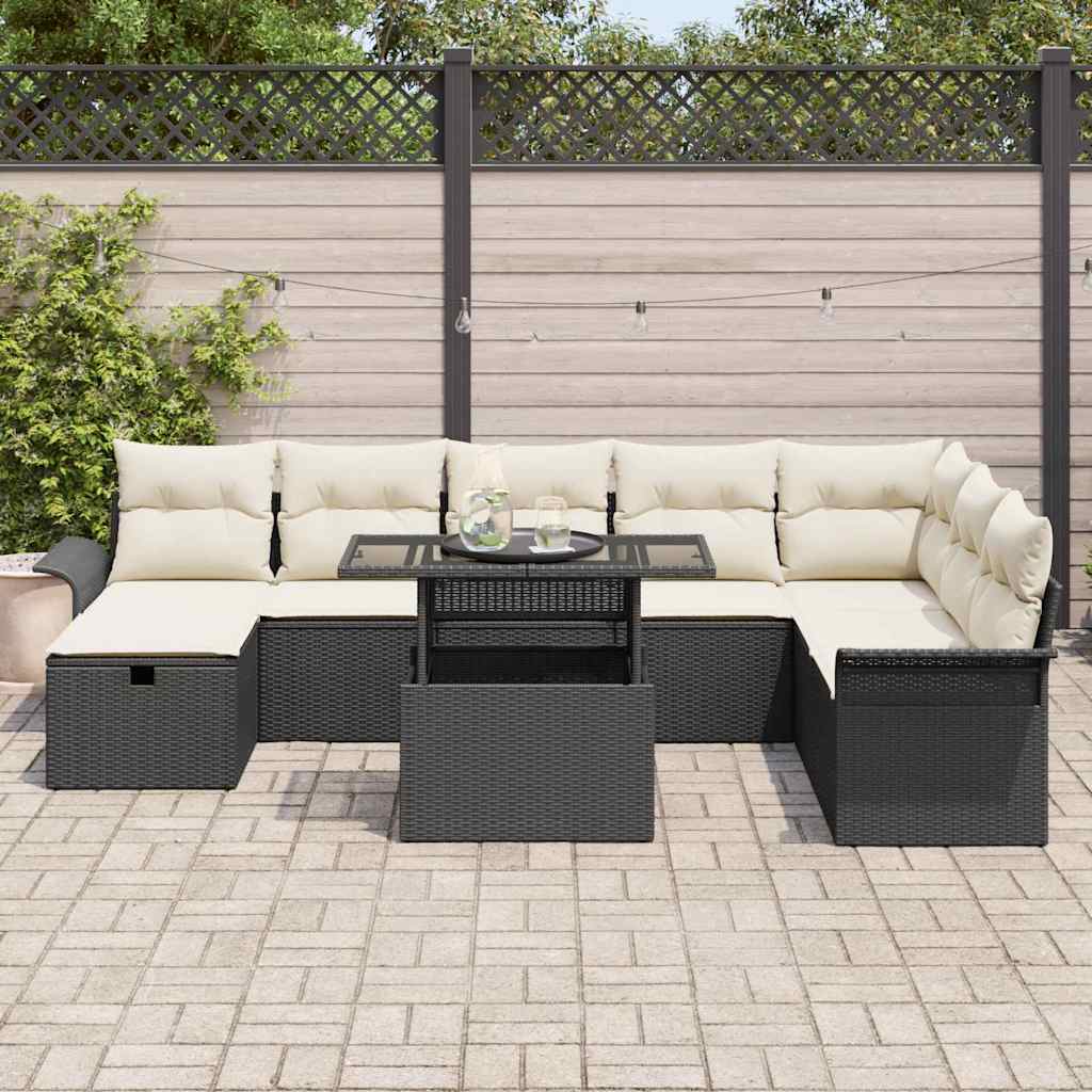 Garten-Sofa-Set mit Kissen 9 pcs Schwarz Poly Rattan