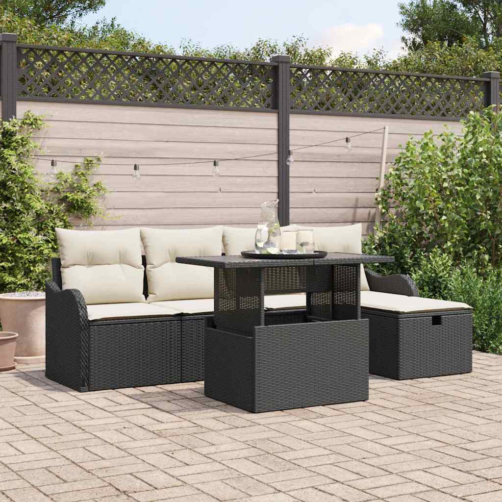 Garten-Sofa-Set mit Kissen 6 pcs Schwarz Poly Rattan