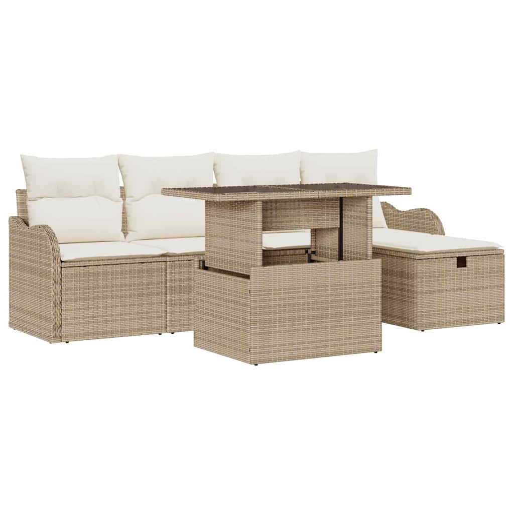 Garten-Sofa-Set mit Kissen mit Speicher 6 pcs Beige Poly Rattan