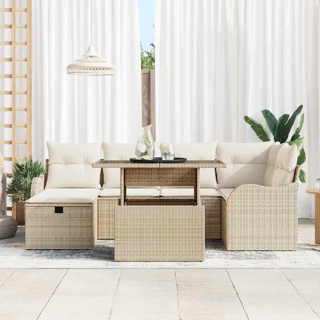 Garten-Sofa-Set mit Kissen mit Speicher 7 pcs Beige Poly Rattan