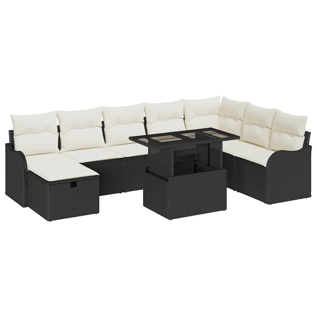 Garten-Sofa-Set mit Kissen 9 pcs Schwarz Poly Rattan