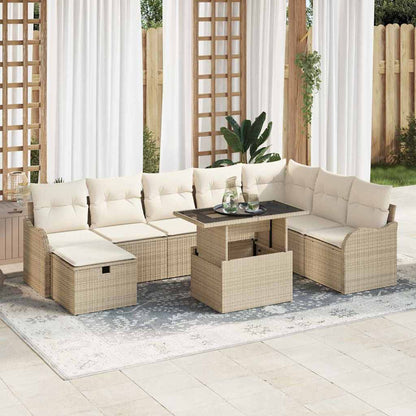 Garten-Sofa-Set mit Kissen mit Speicher 9 pcs Beige Poly Rattan