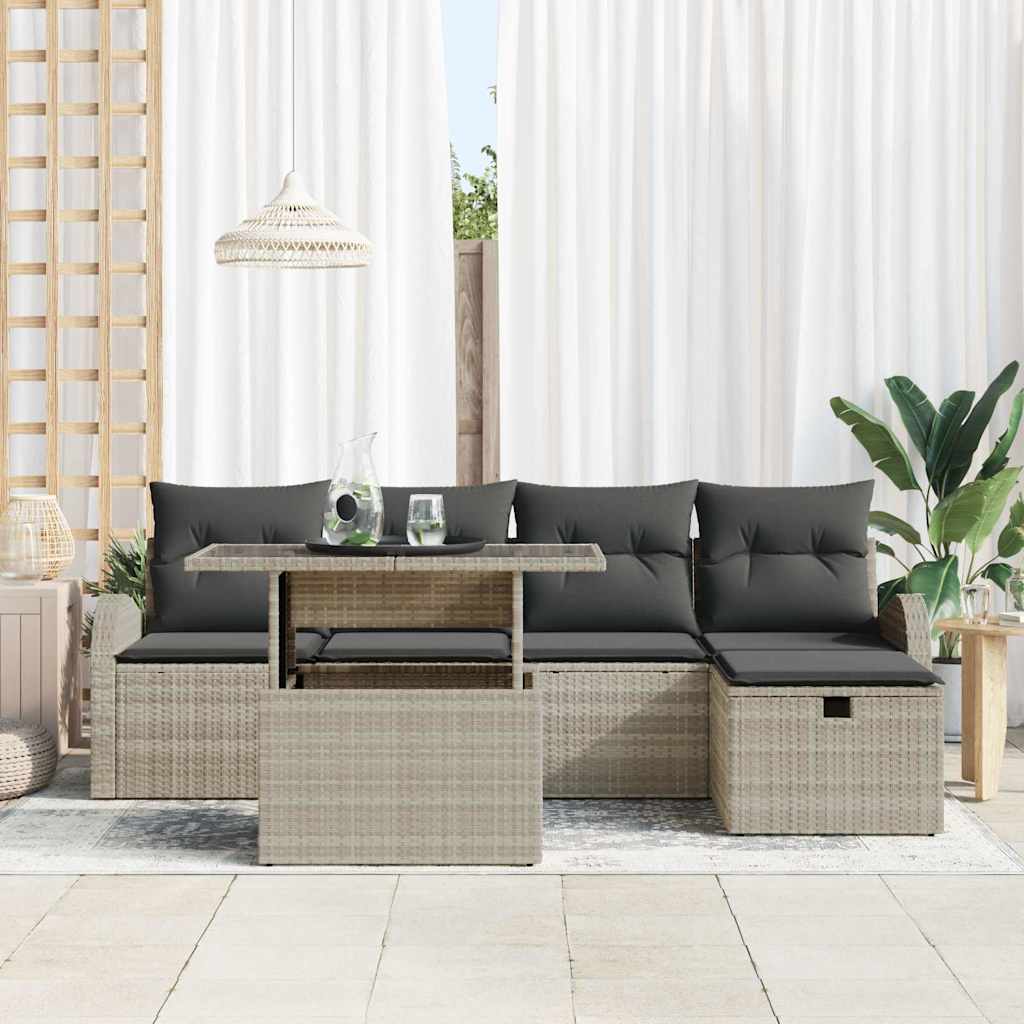 Garten-Sofa-Set mit Kissen 6 pcs Hellgrau Poly Rattan
