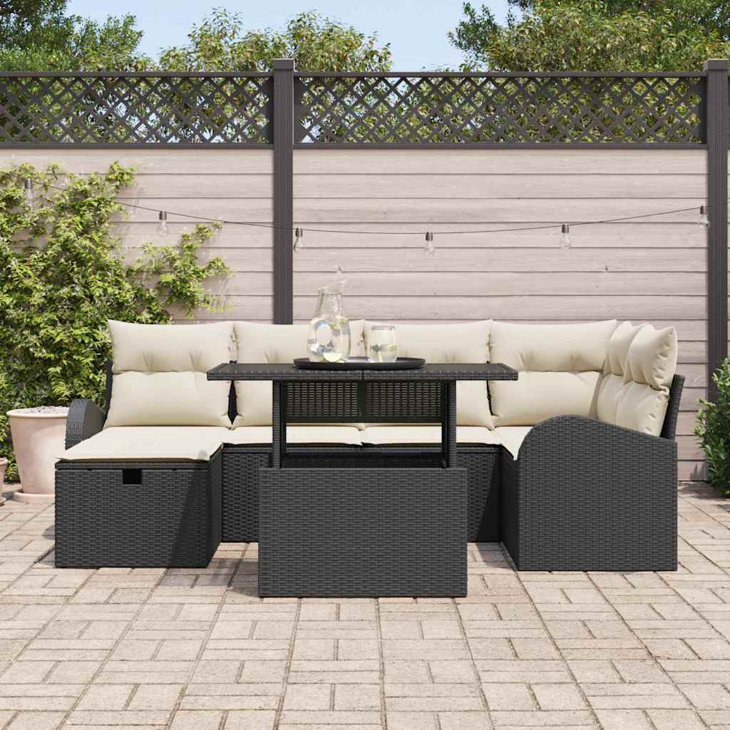 Garten-Sofa-Set mit Kissen 7 pcs Schwarz Poly Rattan