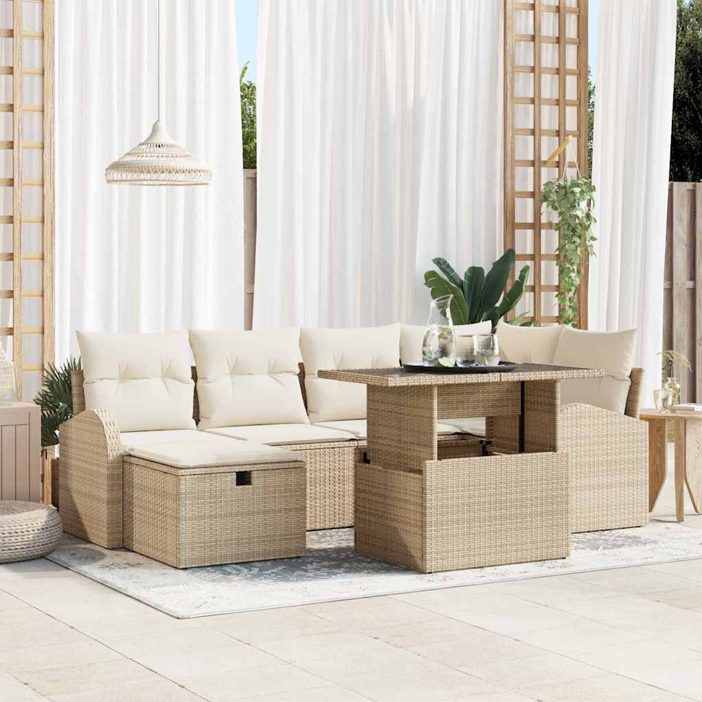 Garten-Sofa-Set mit Kissen mit Speicher 7 pcs Beige Poly Rattan