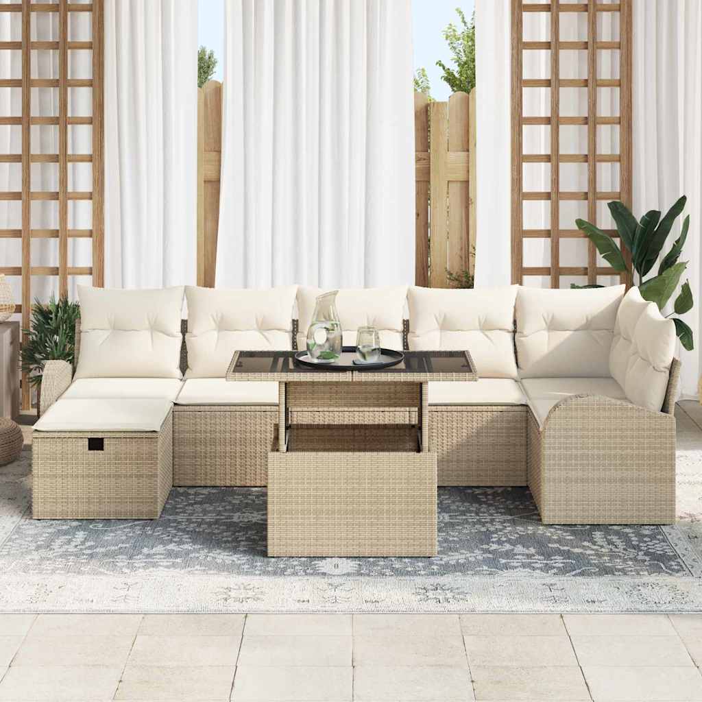 Garten-Sofa-Set mit Kissen mit Speicher 8 pcs Beige Poly Rattan