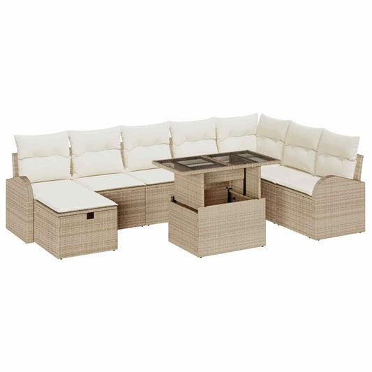 Garten-Sofa-Set mit Kissen mit Speicher 9 pcs Beige Poly Rattan