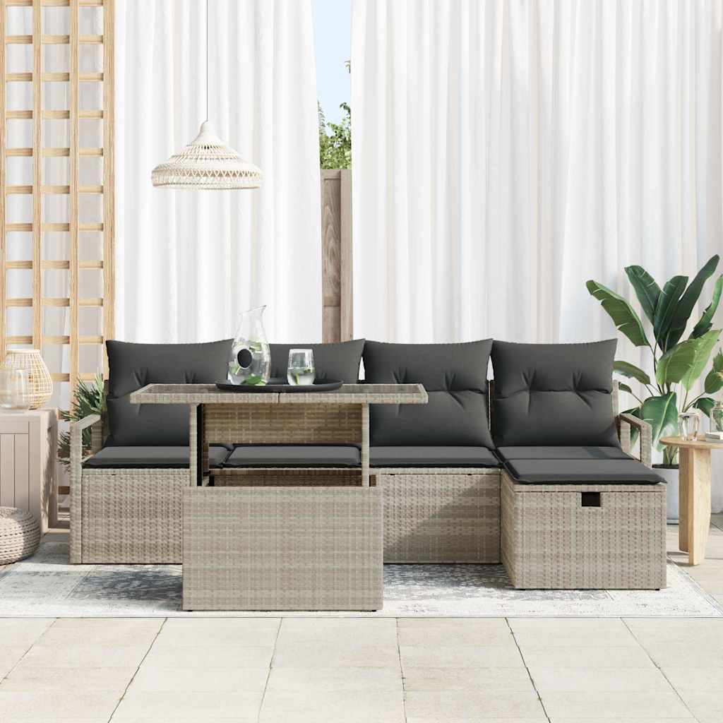 Garten-Sofa-Set mit Kissen 6 pcs Hellgrau Poly Rattan