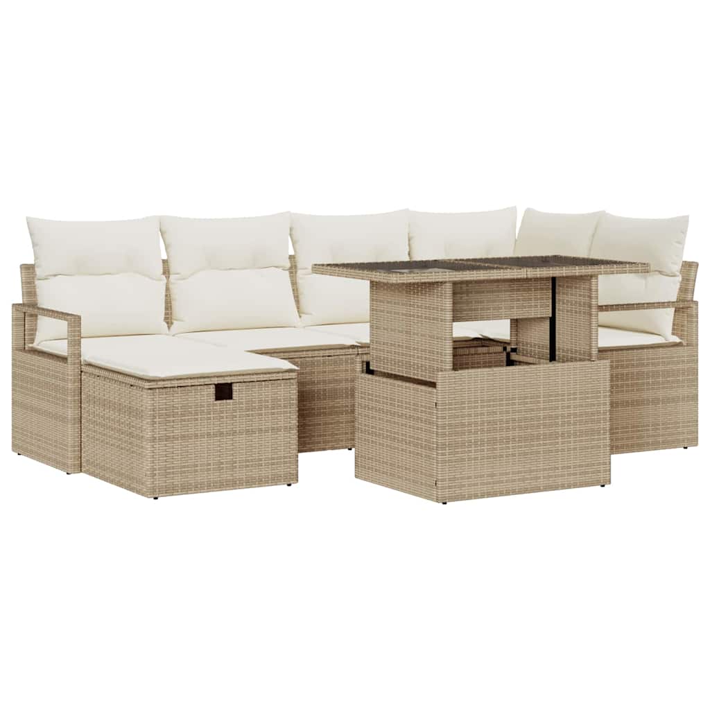 Garten-Sofa-Set mit Kissen mit Speicher 7 pcs Beige Poly Rattan