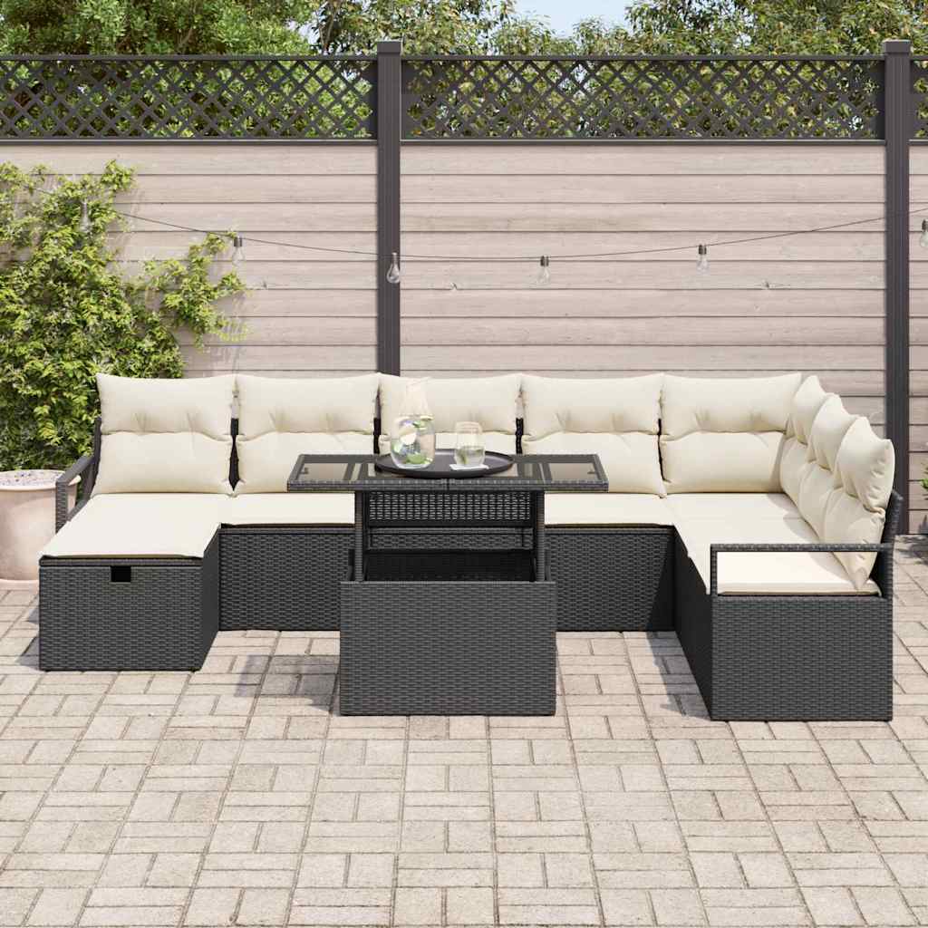 Garten-Sofa-Set mit Kissen 9 pcs Schwarz Poly Rattan