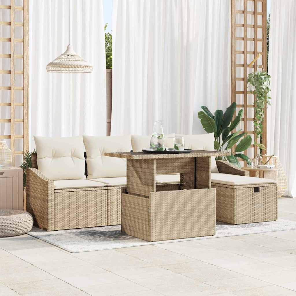 Gartensofa-set mit Kissen 6 pcs Beige Poly-Rattan