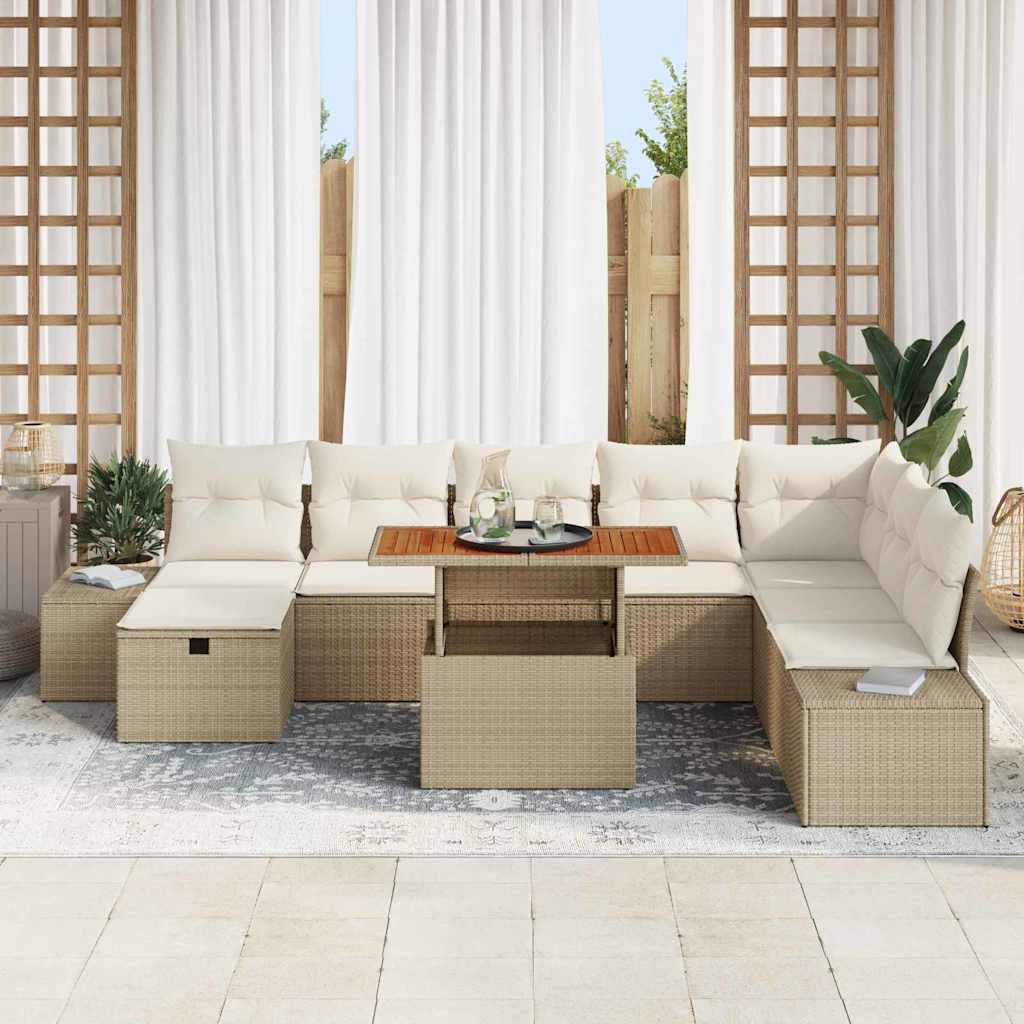 Garten-Sofa-Set mit Speicher 9 pcs Beige Poly Rattan