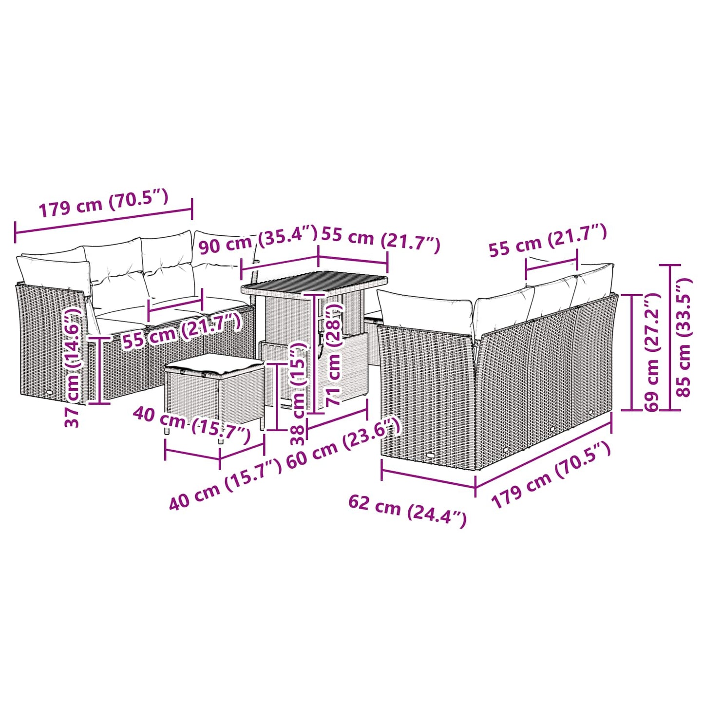 Garten-Sofa-Set 9 pcs Schwarz Poly-Rattan