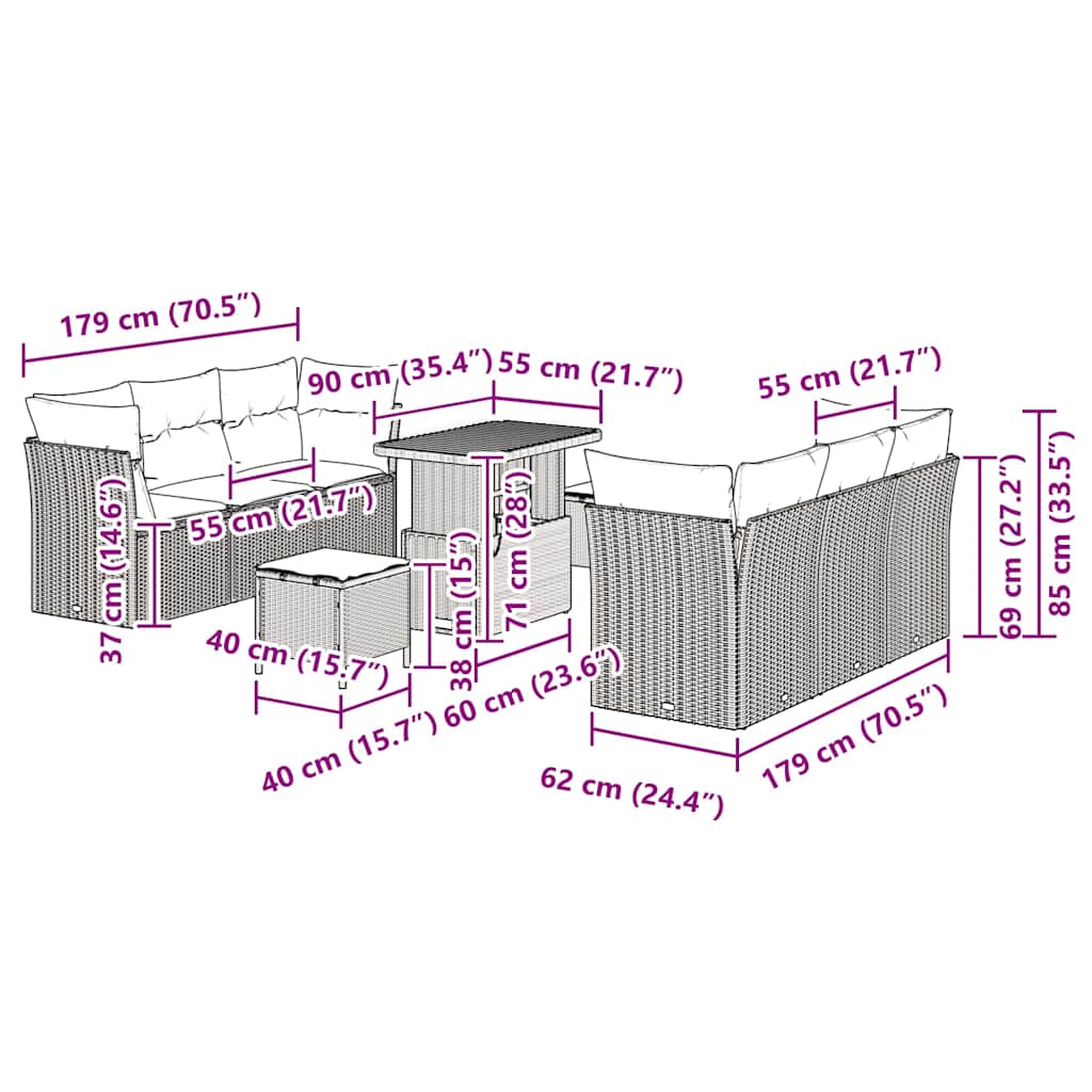 Garten-Sofa-Set 9 pcs Grau Poly-Rattan