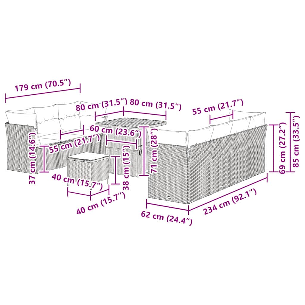 Gartensofa-set mit Kissen 10 pcs Beige Poly-Rattan