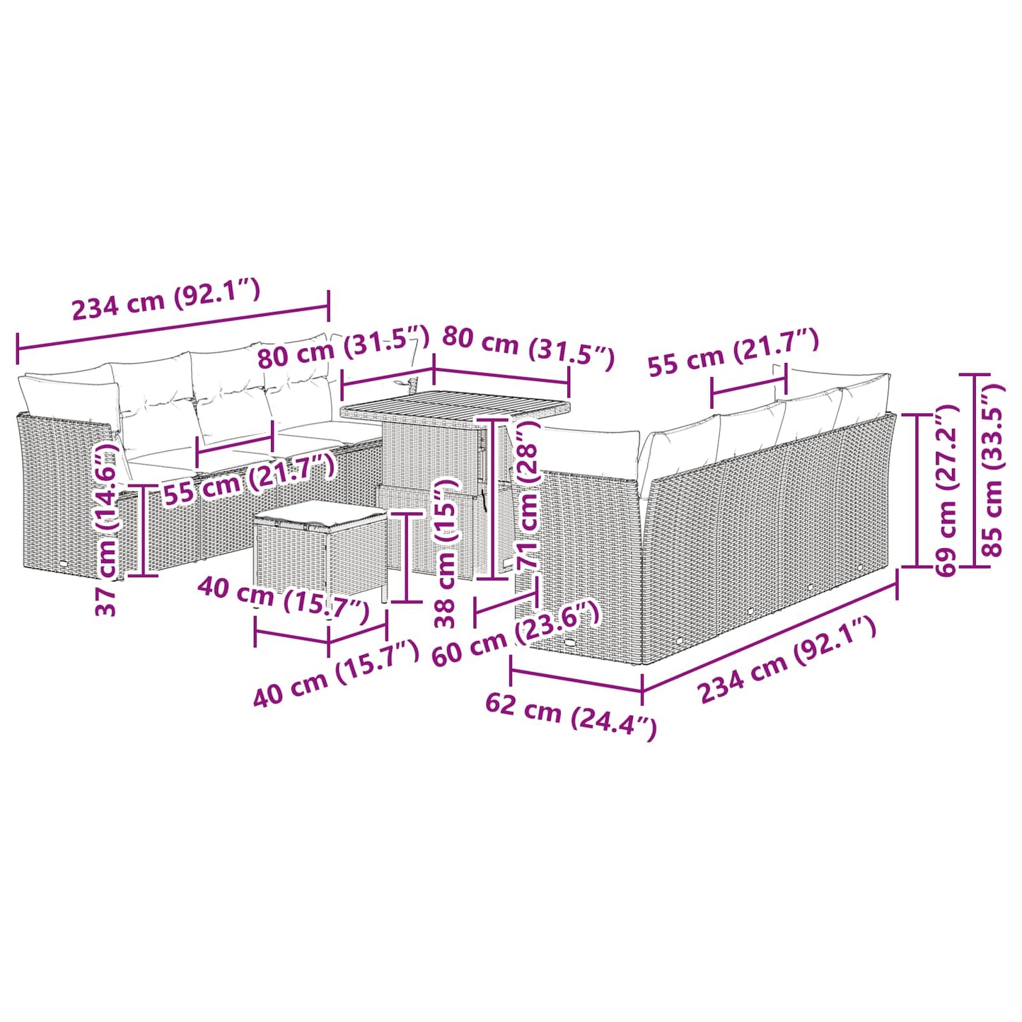 Garten-Sofa-Set 11 pcs Schwarz Poly-Rattan