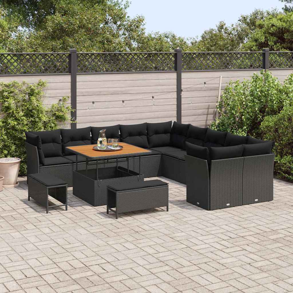 Gartensofa-set mit Kissen 13 pcs Schwarz Poly-Rattan