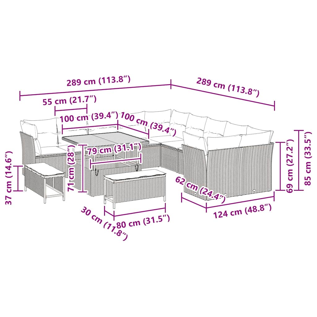 Gartensofa-set mit Kissen 13 pcs Grau Poly-Rattan