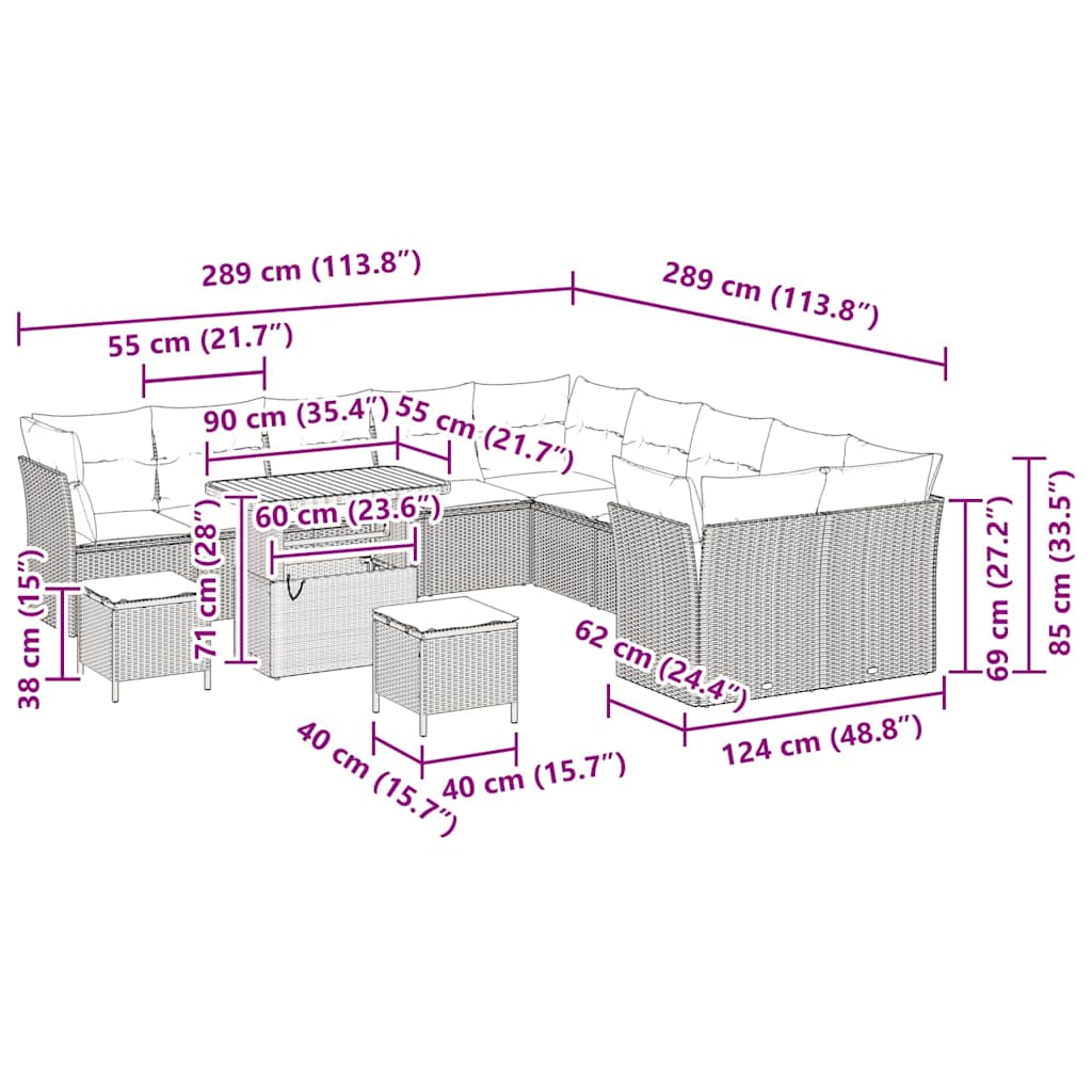 Gartensofa-set mit Kissen 13 pcs Beige Poly-Rattan