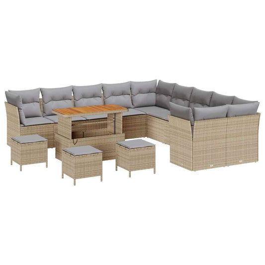 Gartensofa-set mit Kissen 14 pcs Beige Poly-Rattan