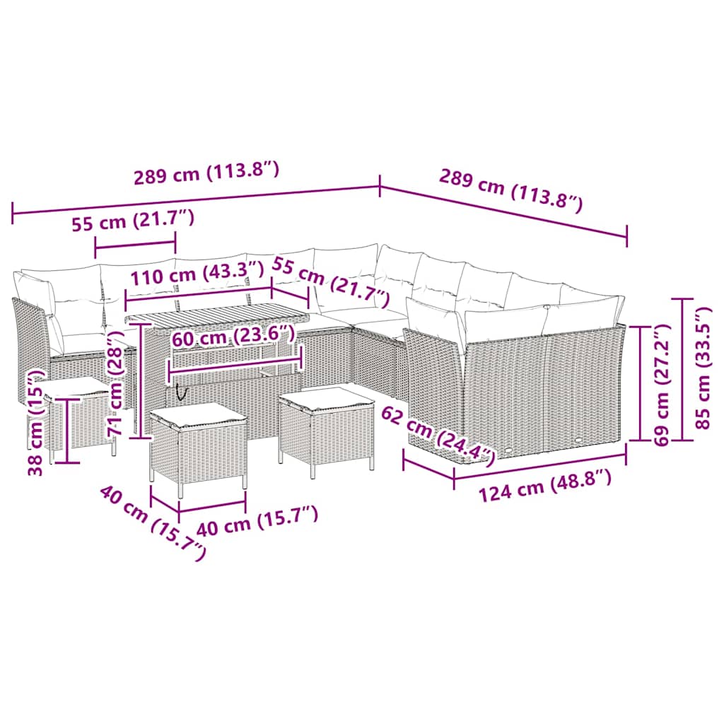 Gartensofa-set mit Kissen 14 pcs Grau Poly-Rattan
