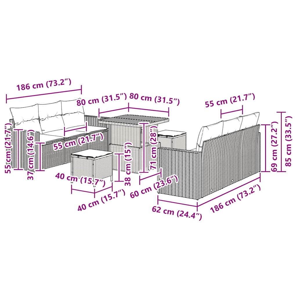 Garten-Sofa-Set 9 pcs Schwarz Poly-Rattan
