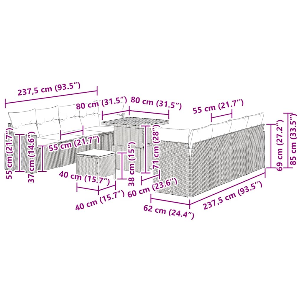 Garten-Sofa-Set 11 pcs Schwarz Poly-Rattan