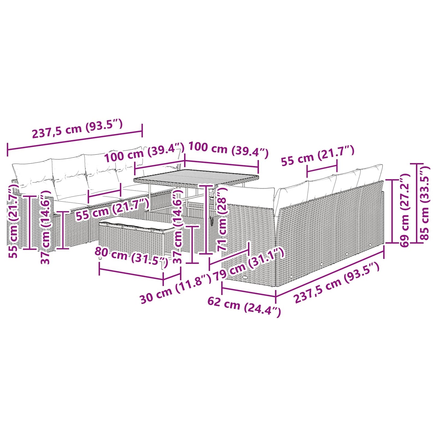 Garten-Sofa-Set 11 pcs Schwarz Poly-Rattan