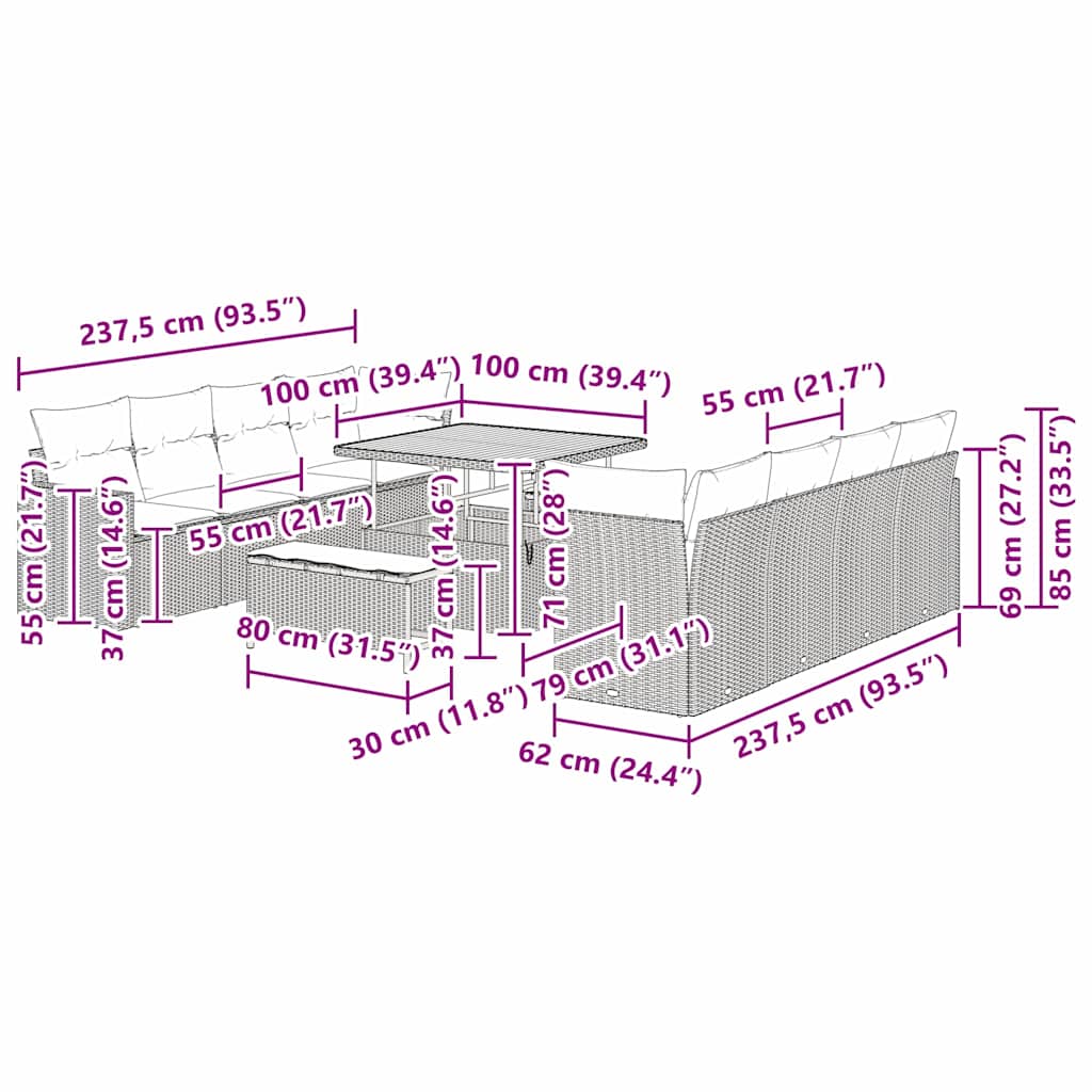 Garten-Sofa-Set 11 pcs Grau Poly-Rattan